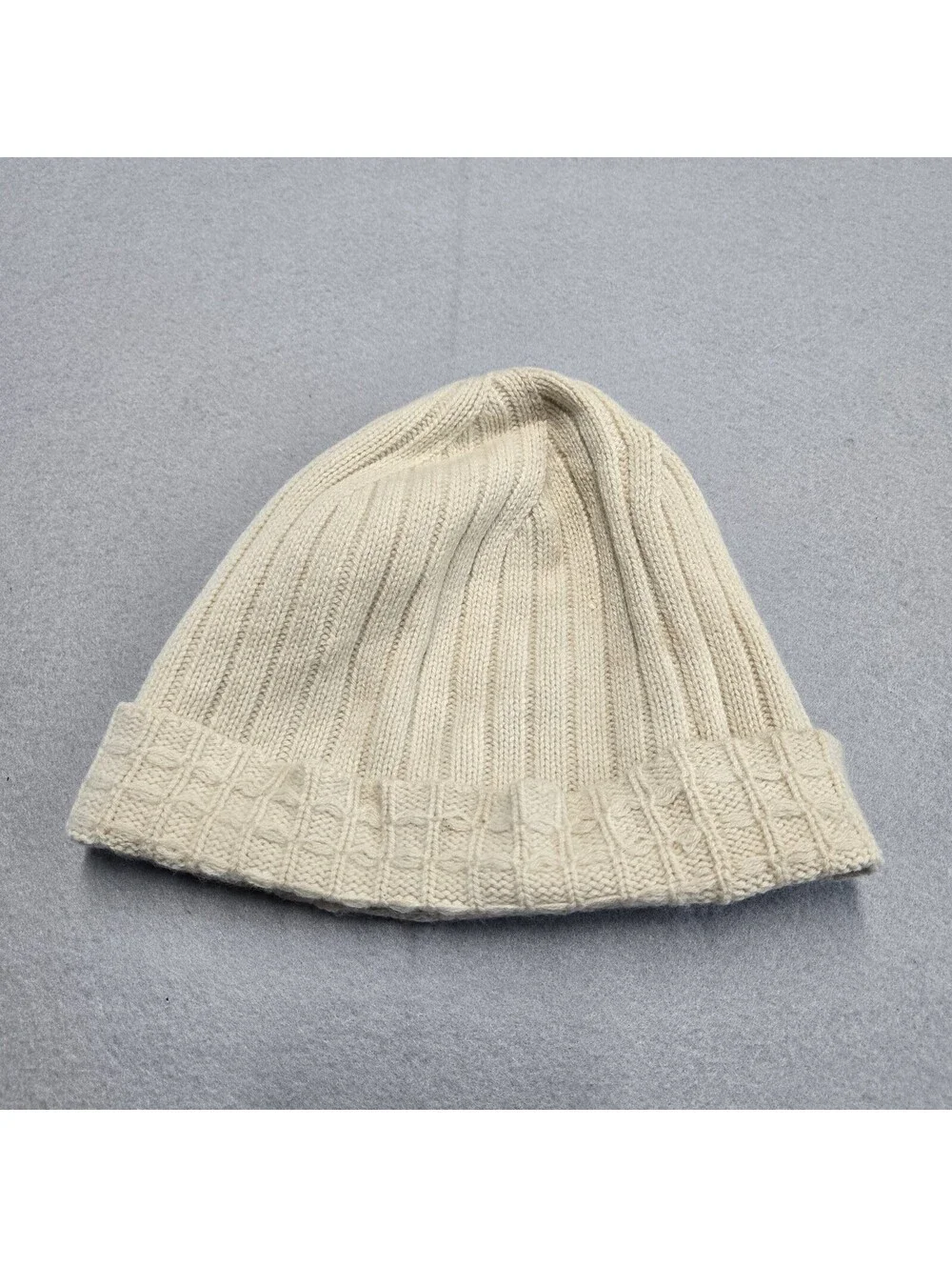 Ann Taylor Cuffed Knit Beanie Womens Cream Textured Rib Folded Cuff Hat